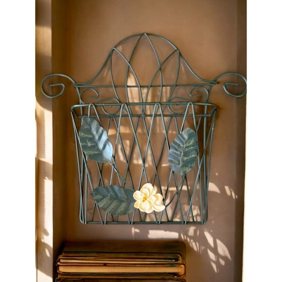 Decorative Wall-Mounted Metal Basket With Floral & Leaf Design - Picture 2 of 9